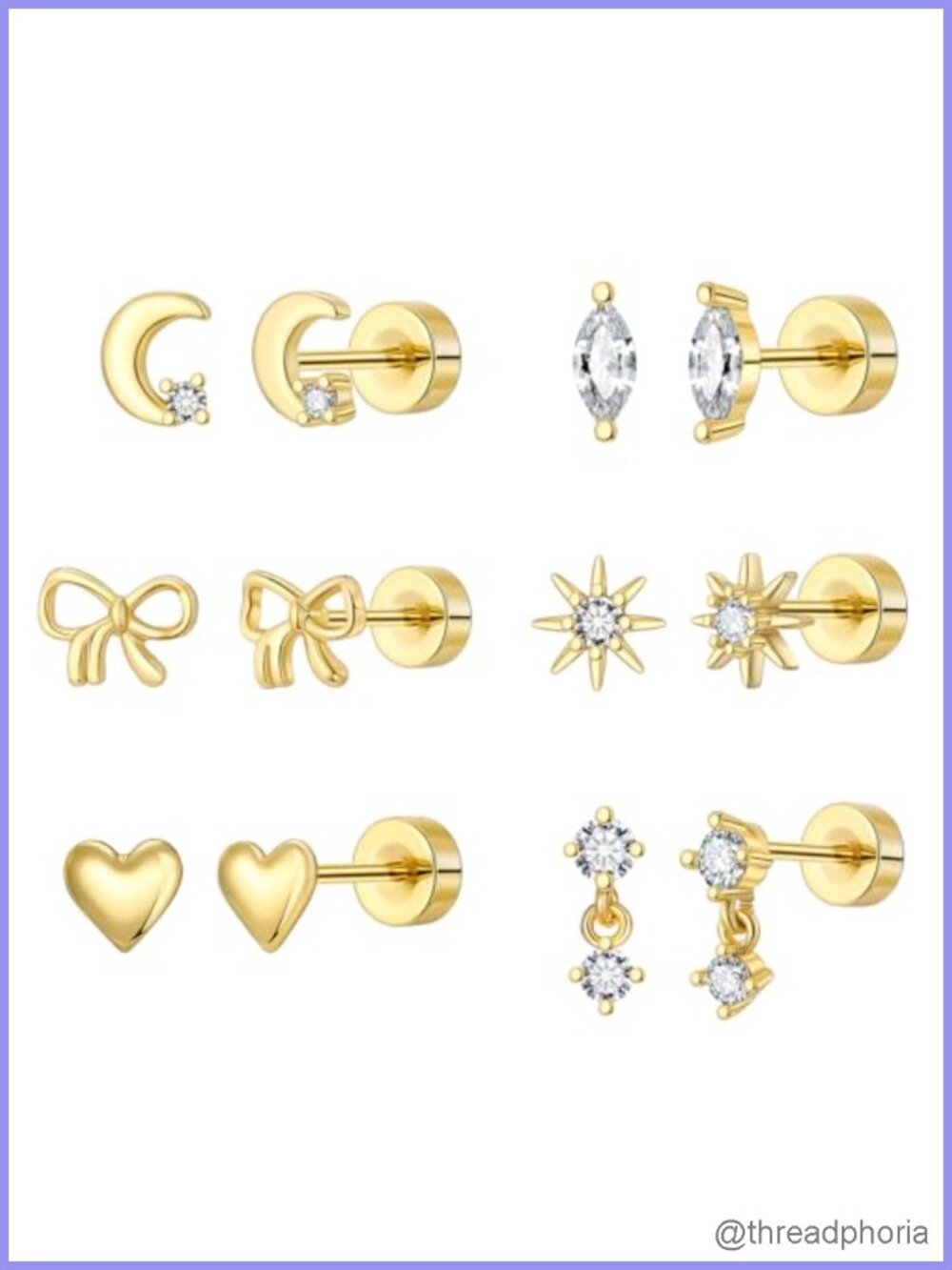 18K Gold Plated Surgical Steel Flat Back Stud Earrings 6 Pairs Hypoallergenic